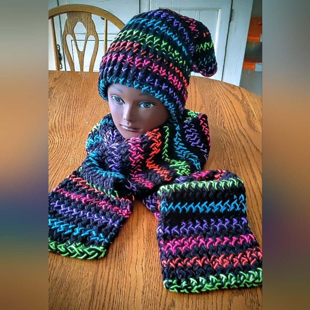 Colorful Hand Knit Hat and Scarf Set